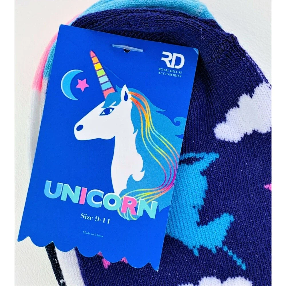 Women's Girls 3 Pk Unicorn Low Cut Socks Novelty Print Pink, Purple Blue Sz 9-11